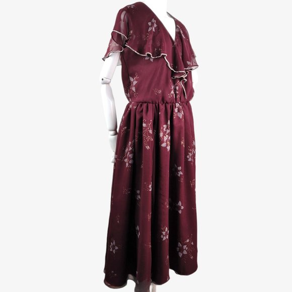 Vintage 1970s Romantic Sheer Ruffle Dress Burgundy Floral Rhinestone Trim Disco - Picture 5 of 12